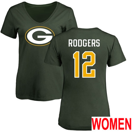 Green Bay Packers Green Women #12 Rodgers Aaron Name And Number Logo Nike NFL T Shirt->women nfl jersey->Women Jersey